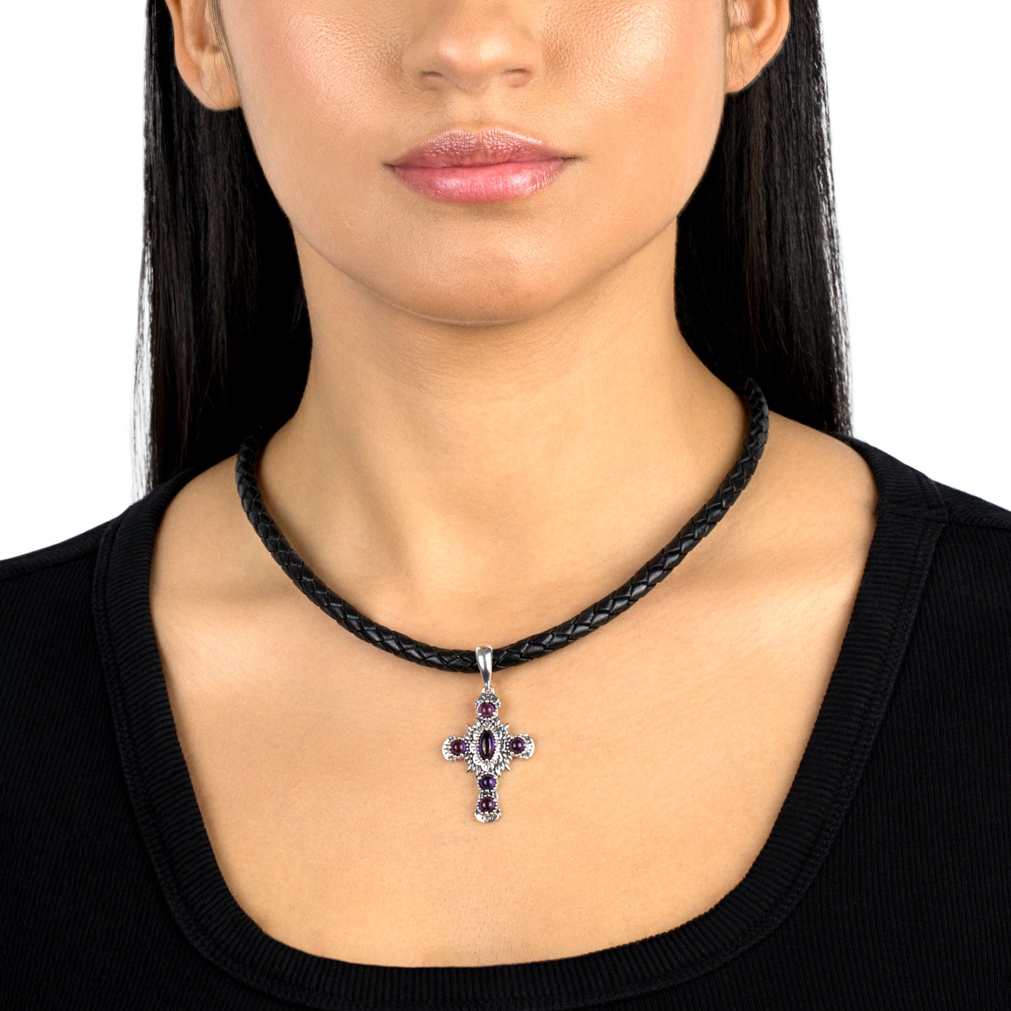 Sterling Silver Genuine Amethyst Cross Pendant Enhancer