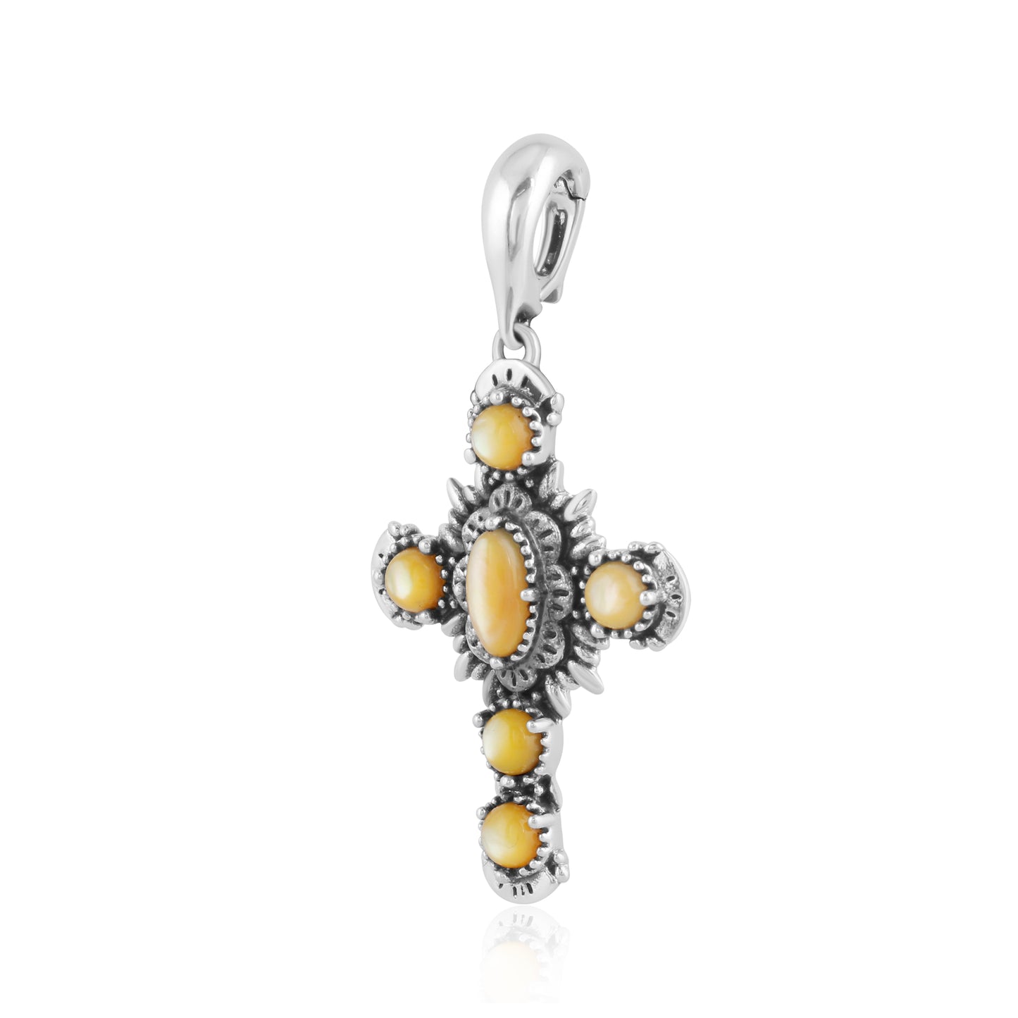 Sterling Silver Gemstone Cross Pendant Enhancer with Yellow Mother of Pearl
