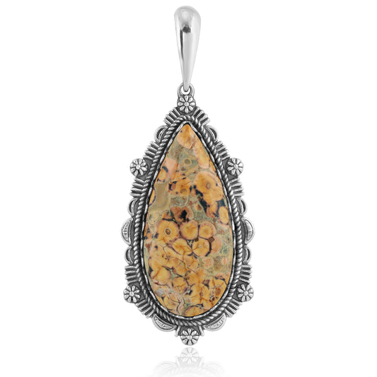 Sterling Silver Leopard Jasper Gemstone Teardrop Bordered Design Pendant Enhancer