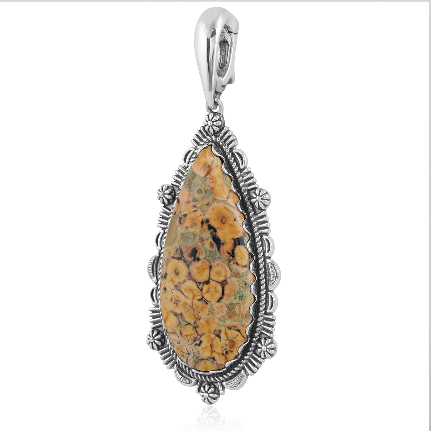 Sterling Silver Leopard Jasper Gemstone Teardrop Bordered Design Pendant Enhancer