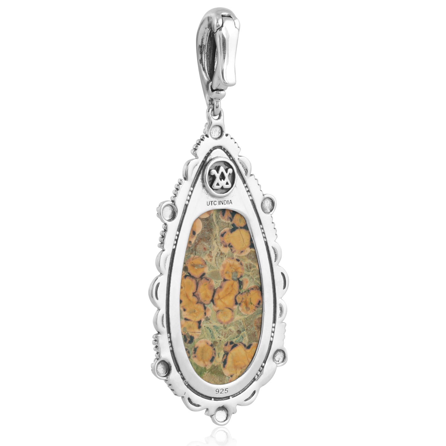 Sterling Silver Leopard Jasper Gemstone Teardrop Bordered Design Pendant Enhancer