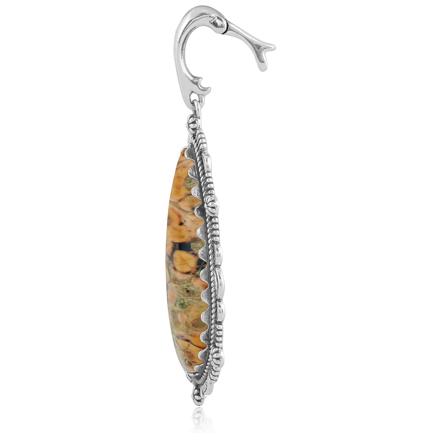 Sterling Silver Leopard Jasper Gemstone Teardrop Bordered Design Pendant Enhancer