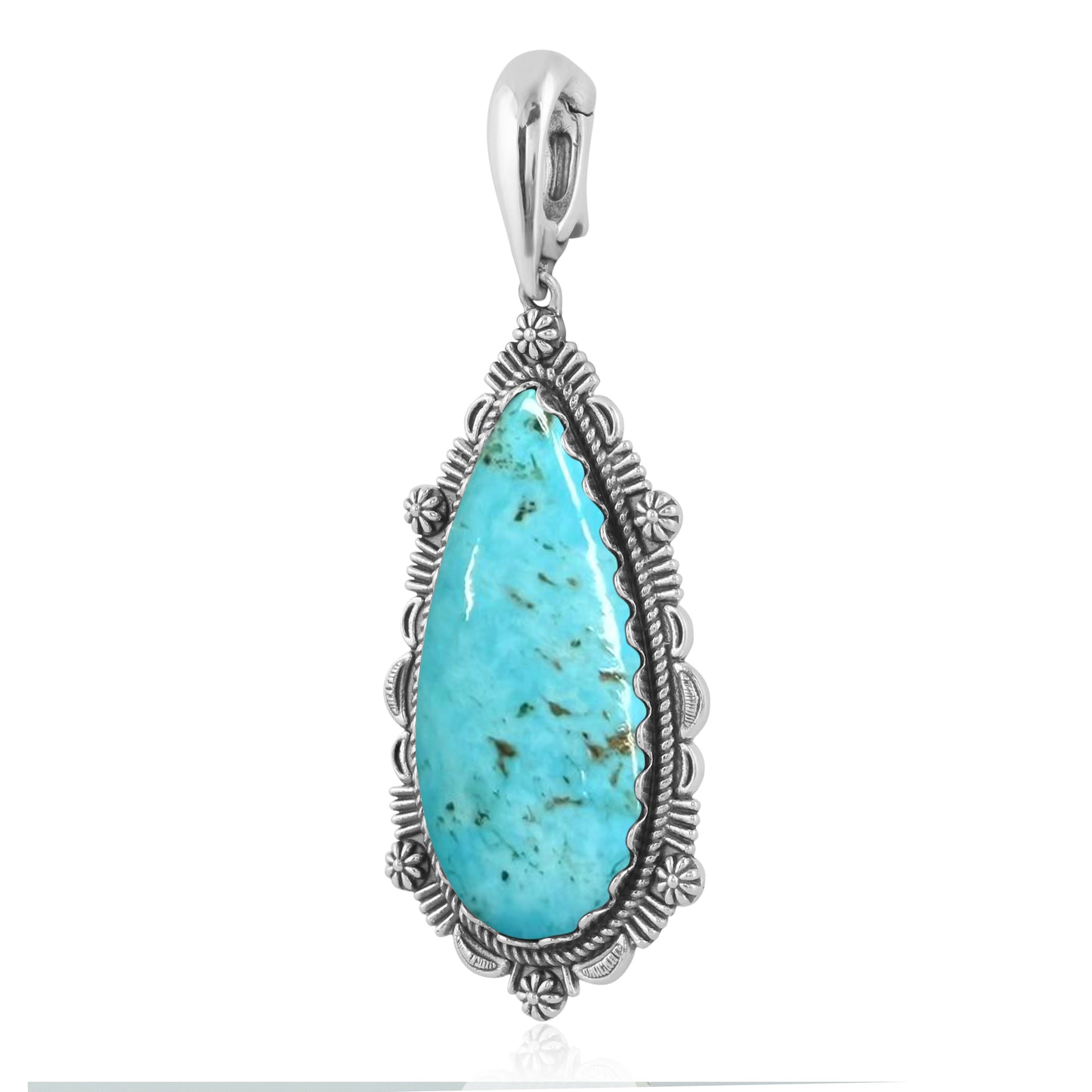 Sterling Silver Kingman Turquoise Teardrop Bordered Design Pendant Enhancer
