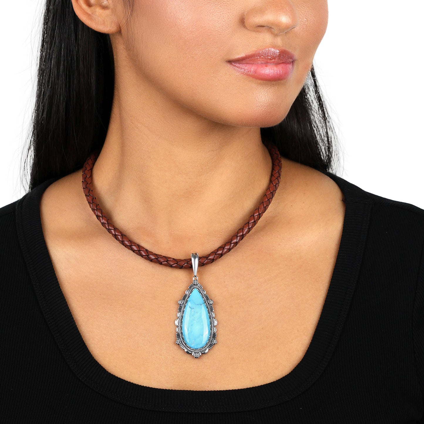 Sterling Silver Kingman Turquoise Teardrop Bordered Design Pendant Enhancer