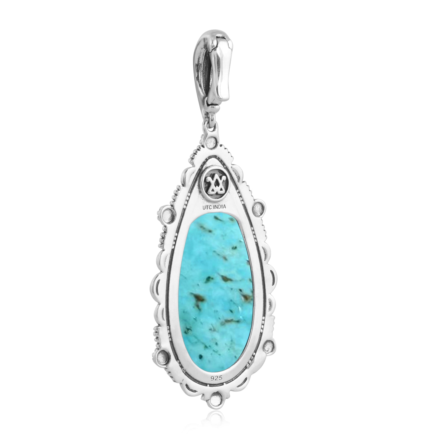 Sterling Silver Kingman Turquoise Teardrop Bordered Design Pendant Enhancer