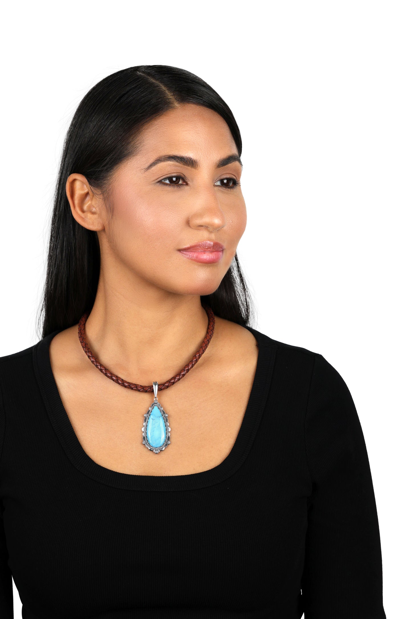 Sterling Silver Kingman Turquoise Teardrop Bordered Design Pendant Enhancer