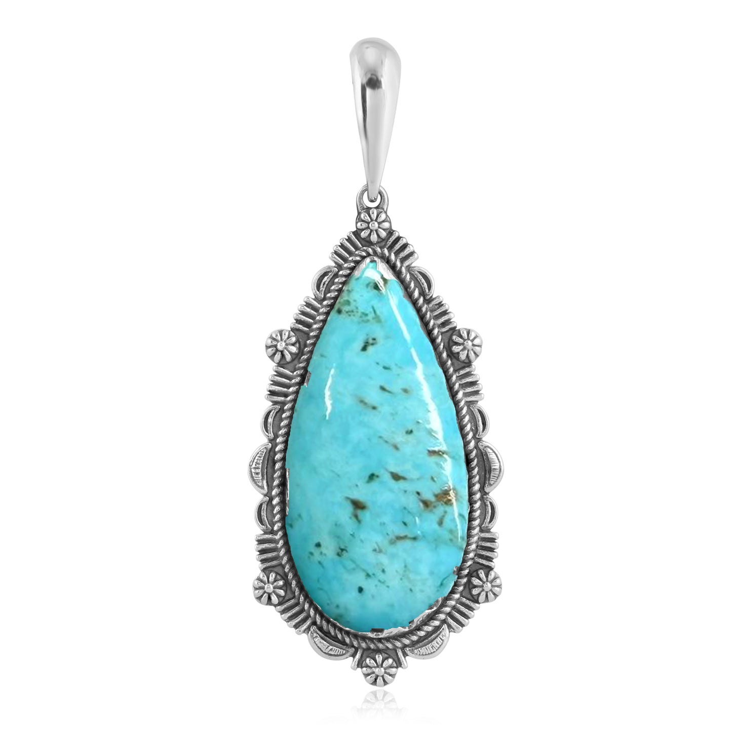 Sterling Silver Kingman Turquoise Teardrop Bordered Design Pendant Enhancer