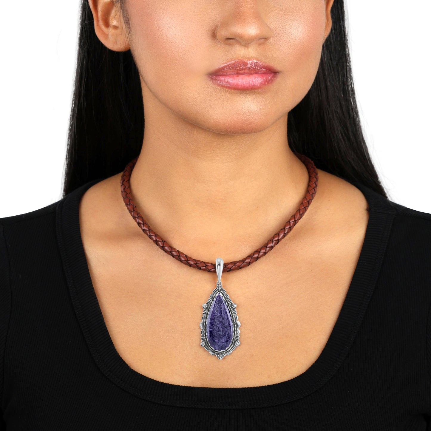 EXCLUSIVELY OURS! Sterling Silver Charoite Teardrop Bordered Design Pendant Enhancer