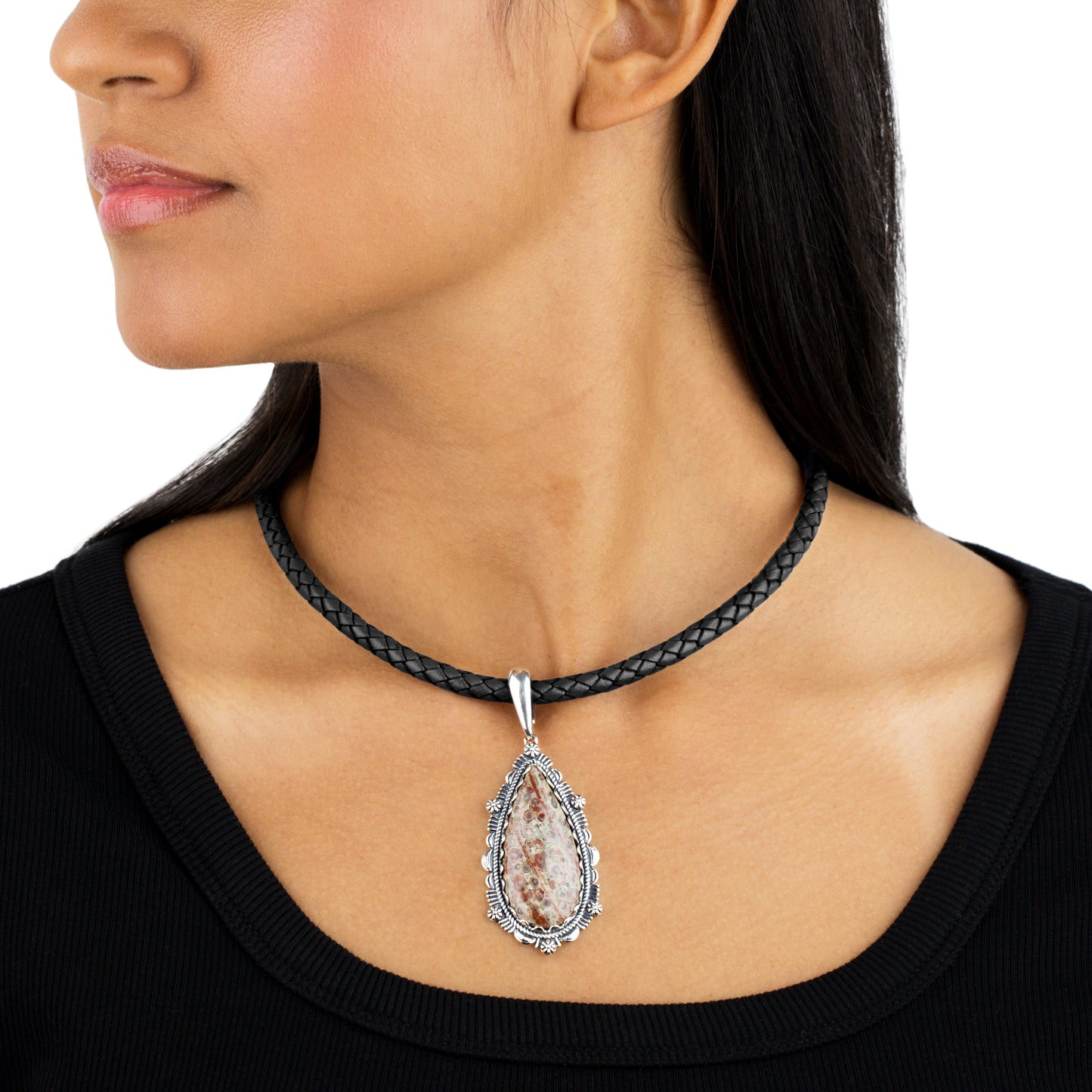 Braided Black Genuine Leather Sterling Silver Necklace, 17 -20 Inches