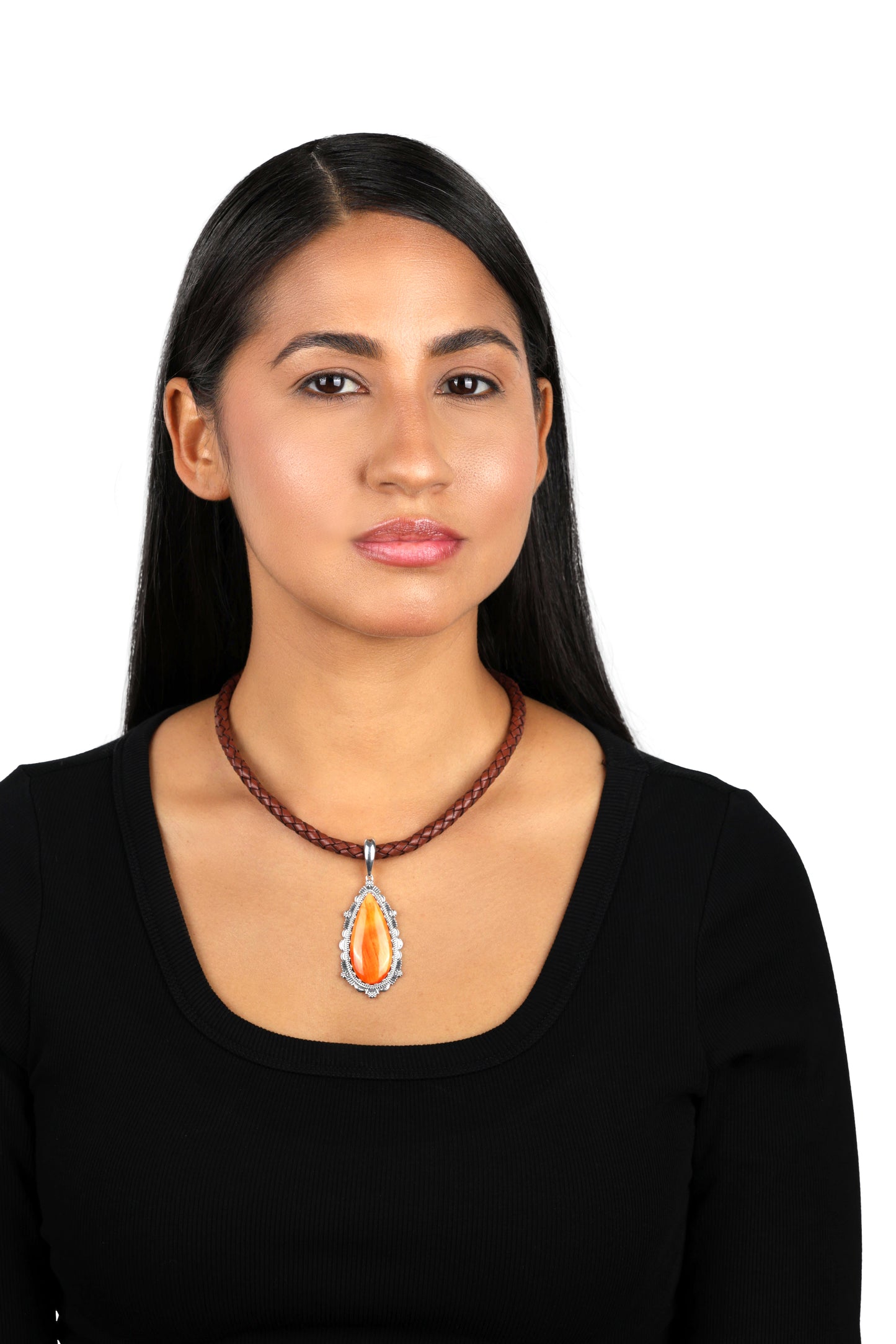 EXCLUSIVELY OURS! Sterling Silver Orange Spiny Oyster Teardrop Bordered Design Pendant Enhancer