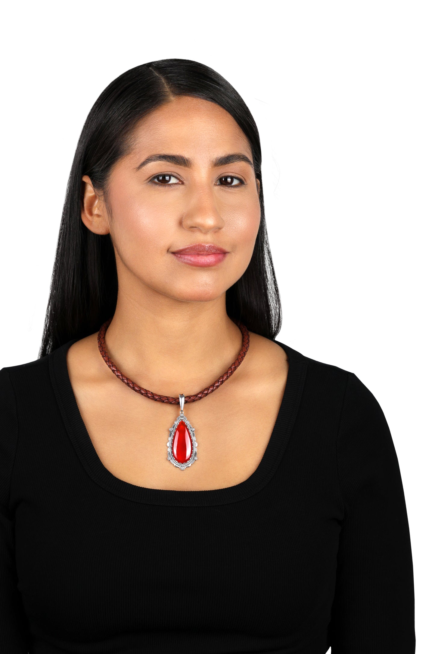 Sterling Silver Red Onyx Teardrop Bordered Design Pendant Enhancer