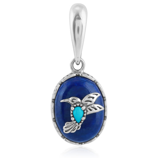 Sterling Silver Lapis Blue Turquoise Gemstone Hummingbird Pendant Enhancer