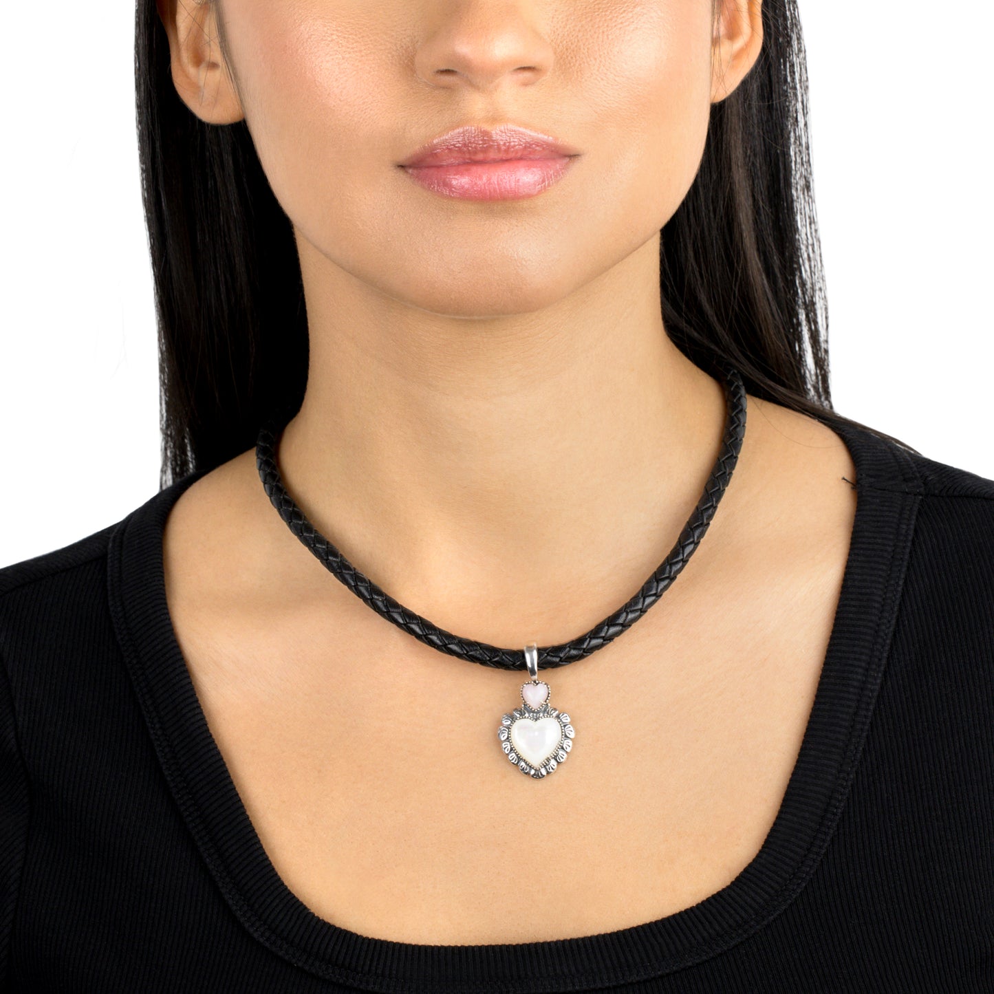 Sterling Silver White Mother of Pearl and Pink Opal Heart Pendant Enhancer