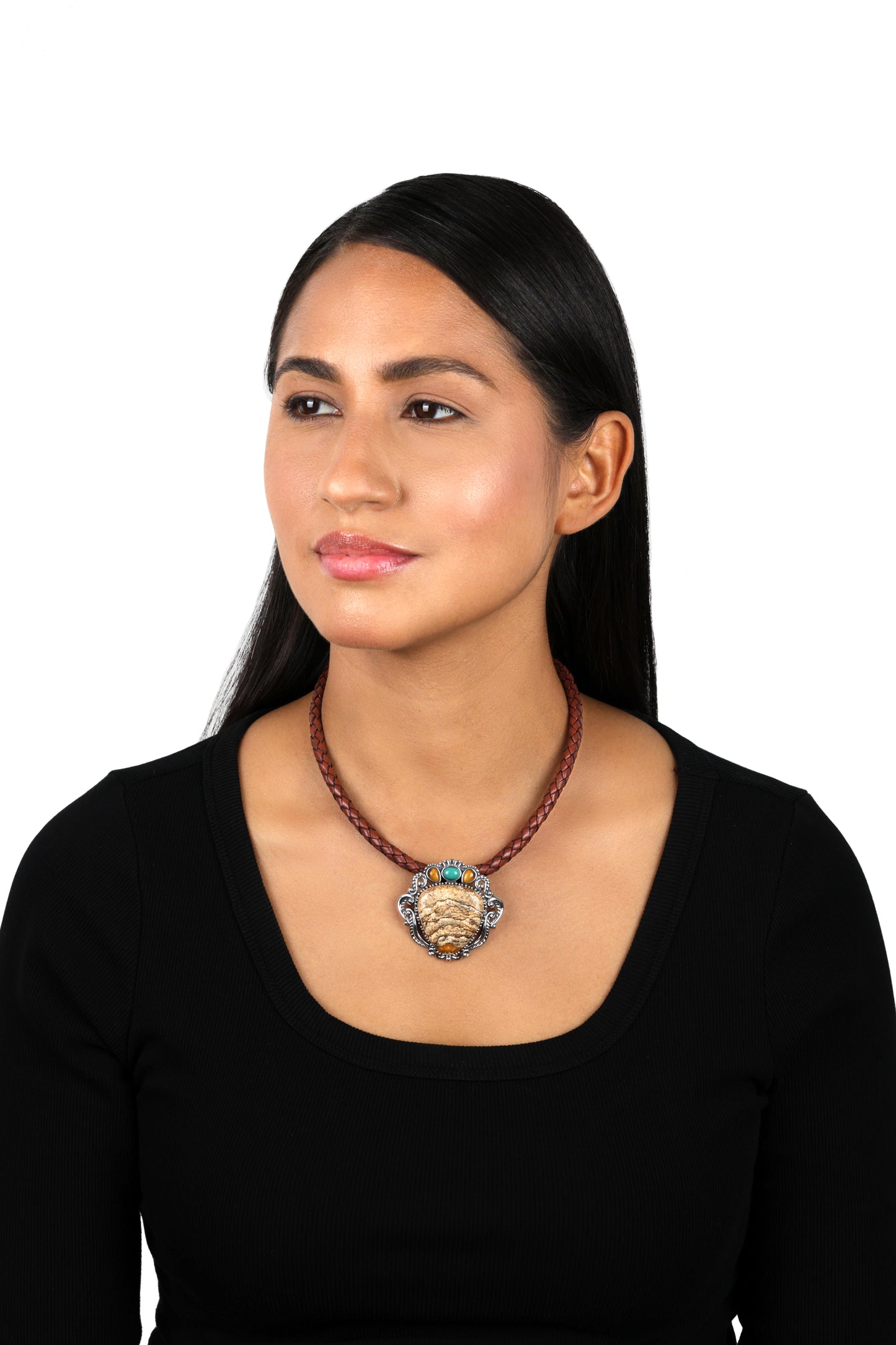 Sterling Silver Triangle Pendant Enhancer - Picture Jasper, Green Turquoise and Tiger's Eye Gemstones