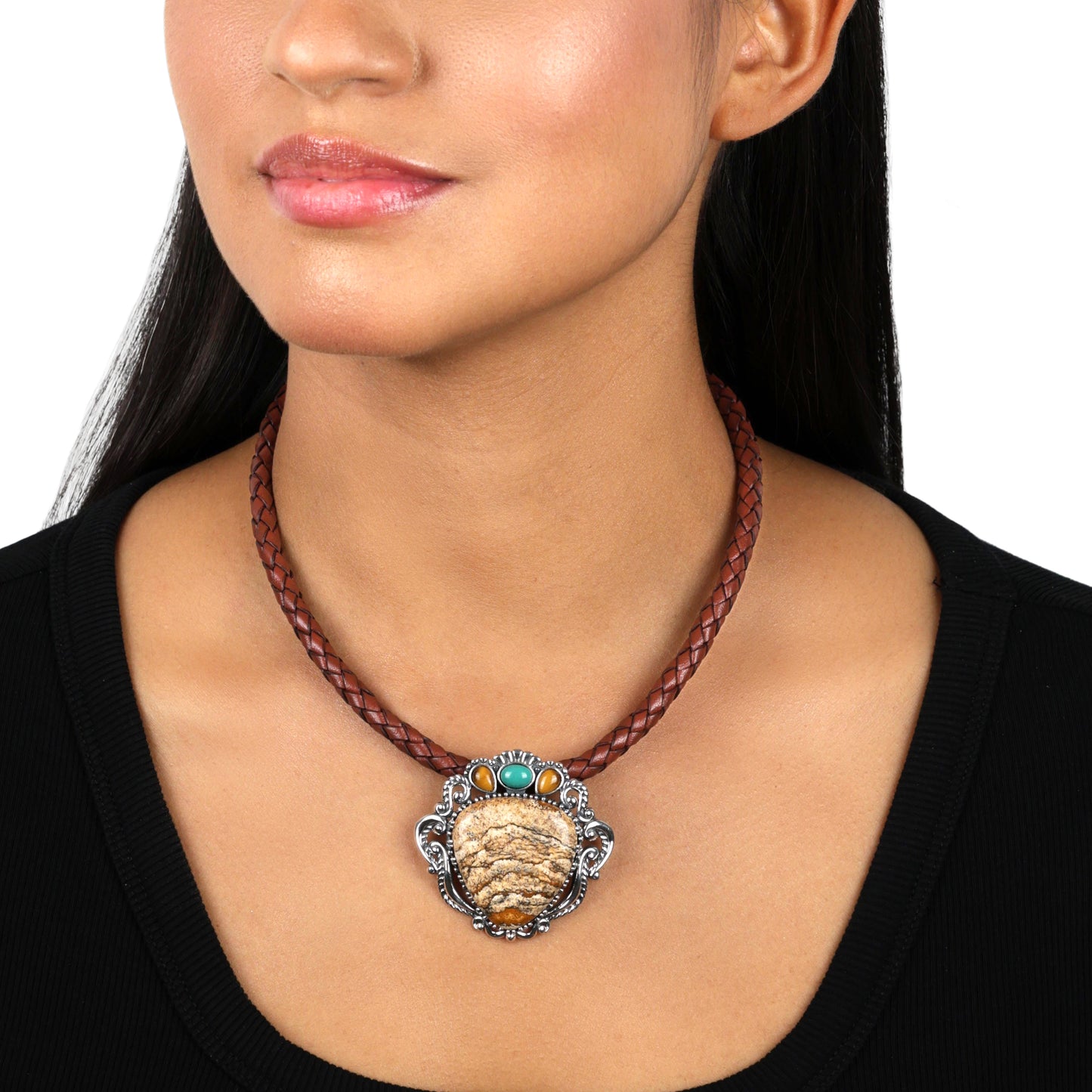 Sterling Silver Triangle Pendant Enhancer - Picture Jasper, Green Turquoise and Tiger's Eye Gemstones