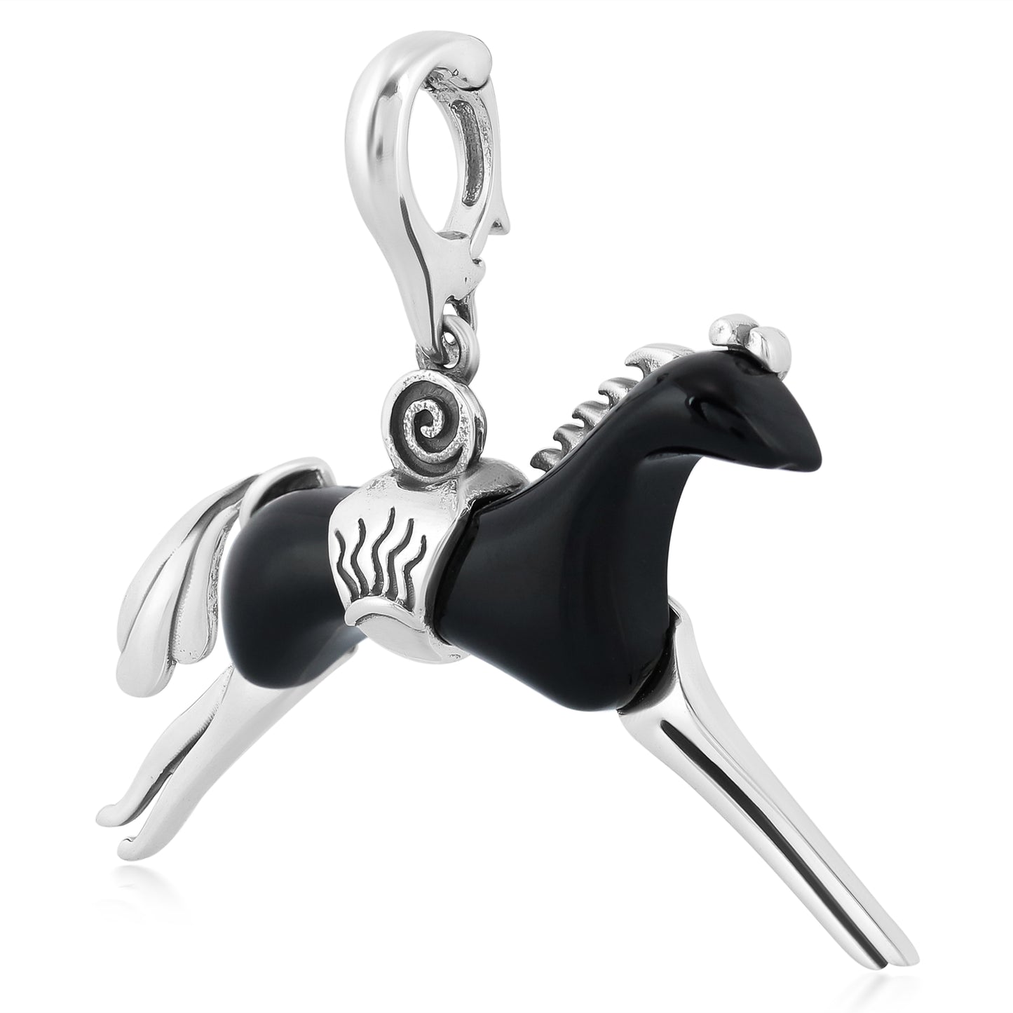 Sterling Silver Black Agate Running Horse Pendant Enhancer