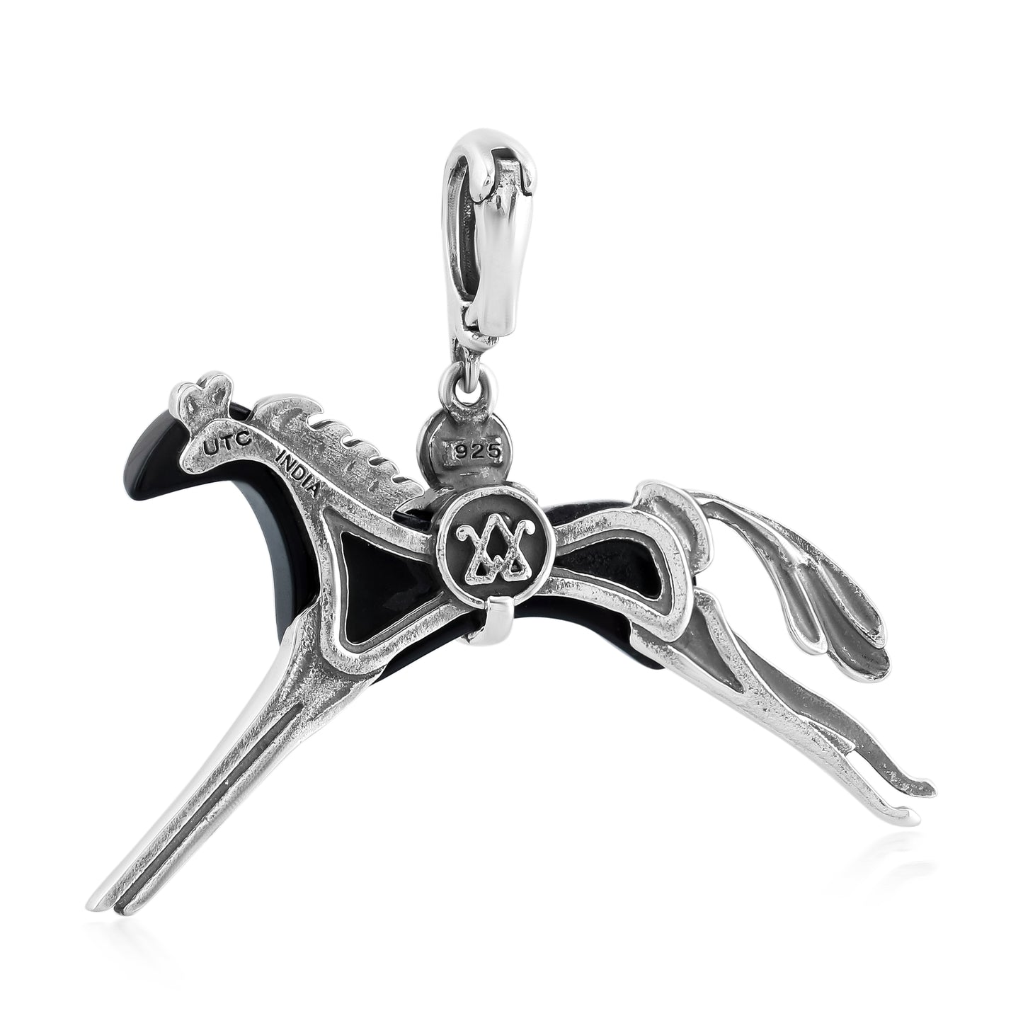 Sterling Silver Black Agate Running Horse Pendant Enhancer