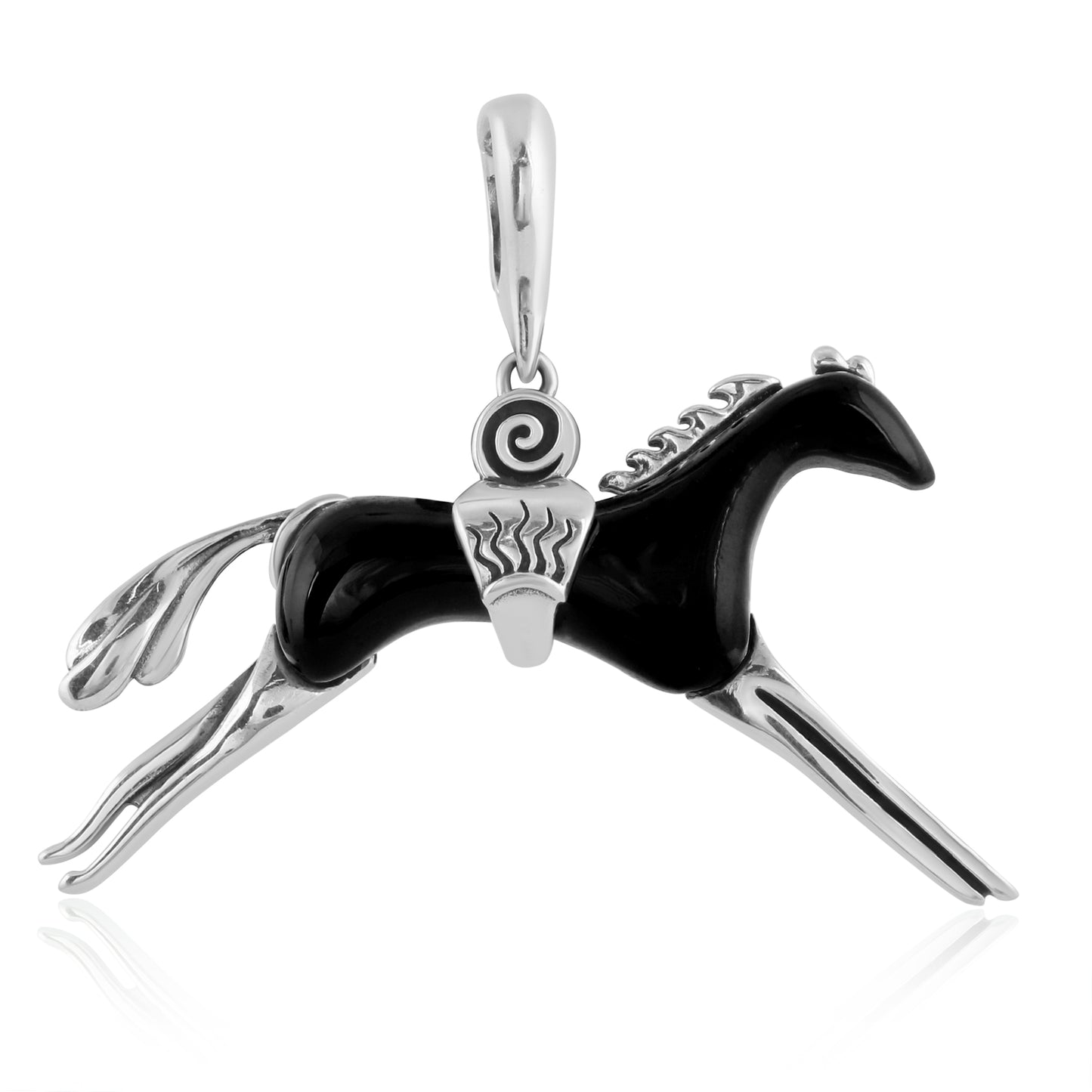 Sterling Silver Black Agate Running Horse Pendant Enhancer