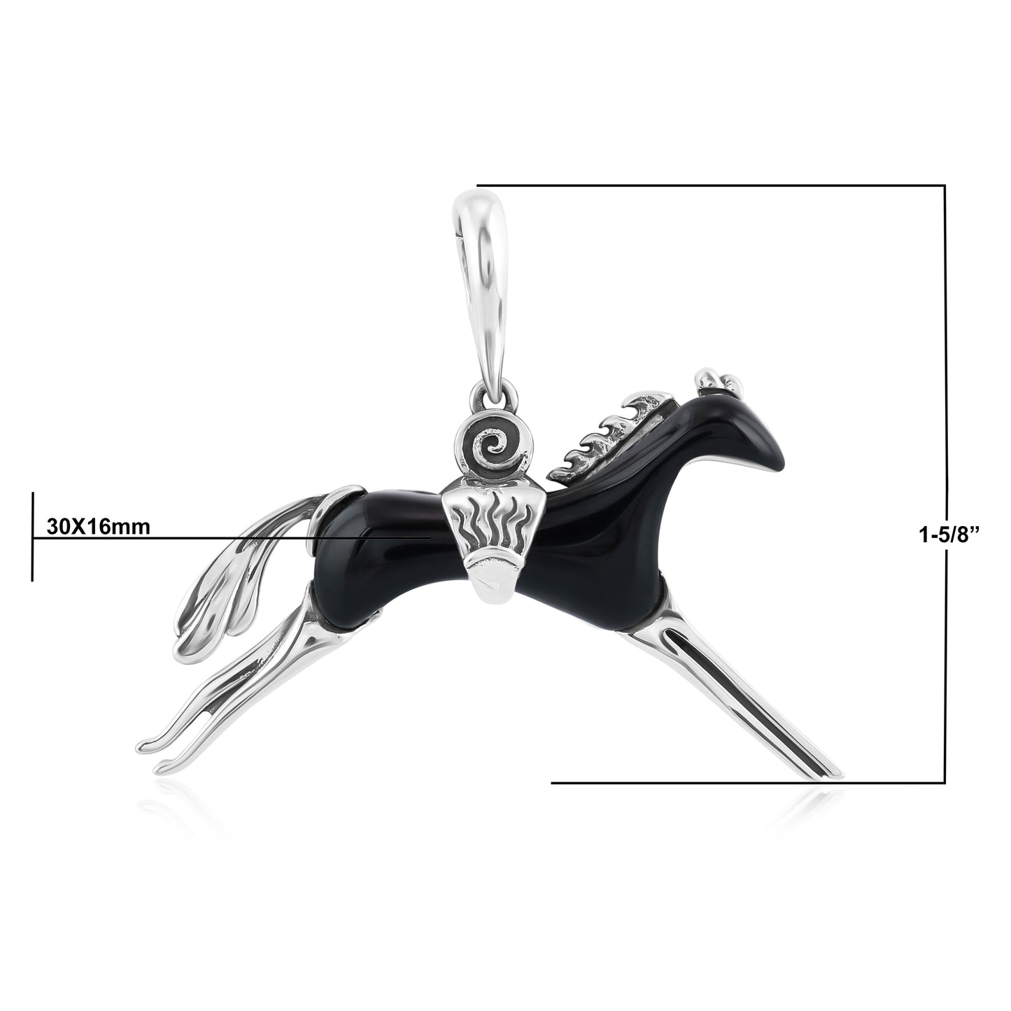 Sterling Silver Black Agate Running Horse Pendant Enhancer