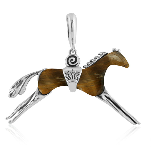 Southwestern Tiger's Eye Running Horse Pendant Enhancer with Sterling Silver Accents