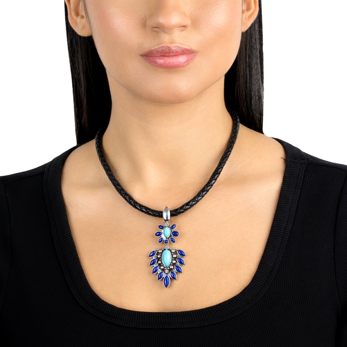 EXCLUSIVELY OURS! Sterling Silver Kingman Turquoise and Lapis Oval and Marquise Pendant Enhancer