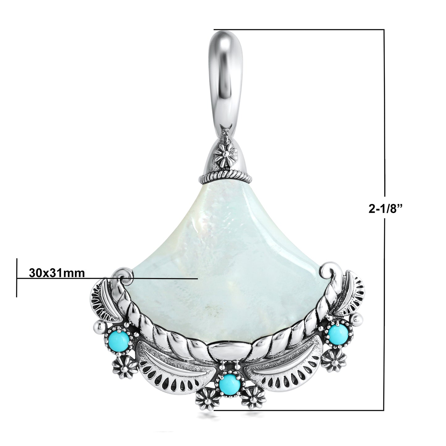 Sterling Silver White Mother of Pearl and Sleeping Beauty Turquoise Fan Pendant Enhancer