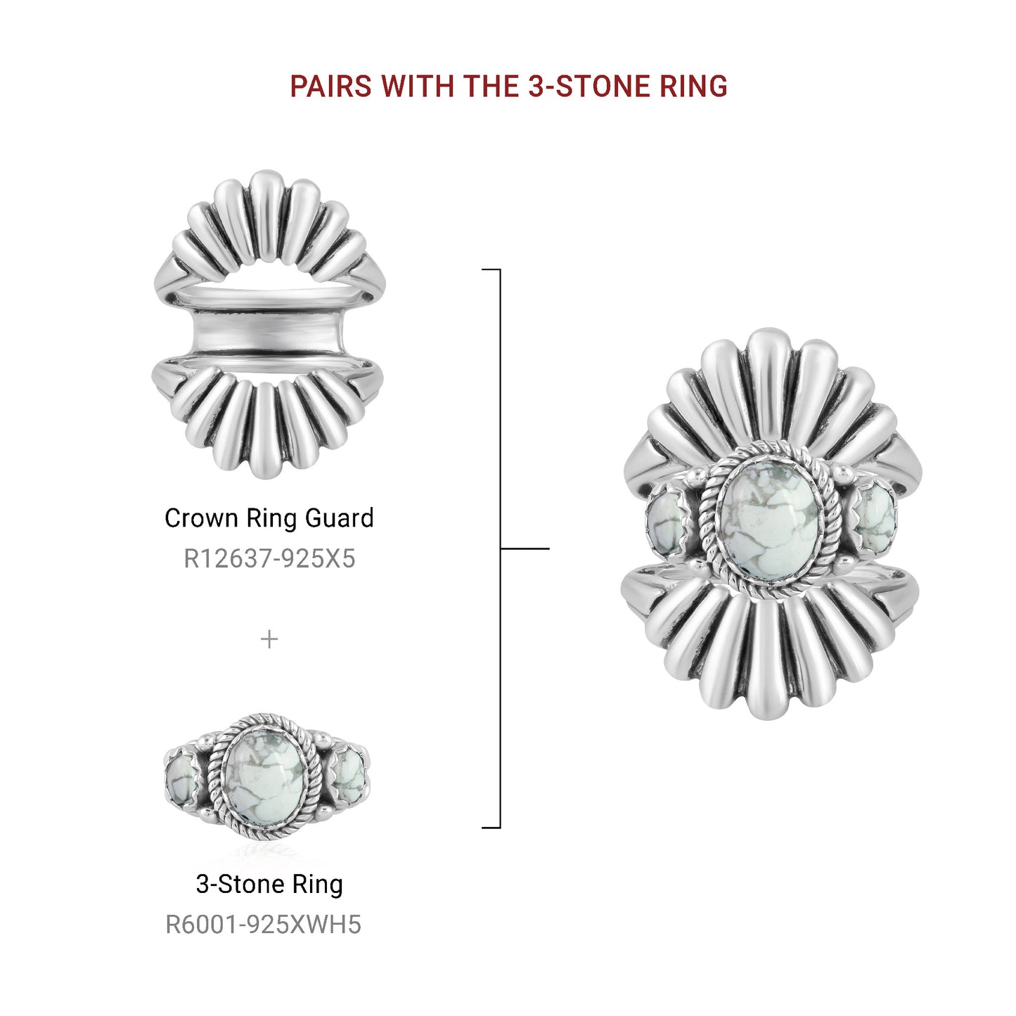 Sterling Silver White Howlite 3-Stone Ring, Sizes 5 to 11