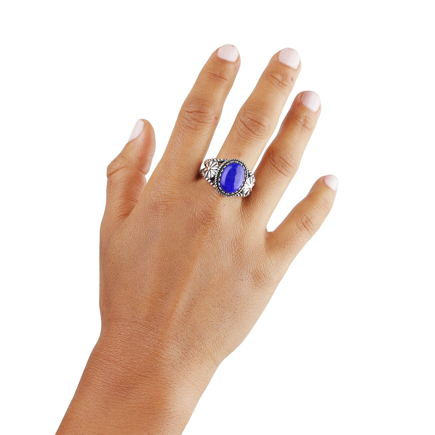 Sterling Silver Lapis Lazuli Gemstone Concha Flower Ring, Sizes 5 to 10