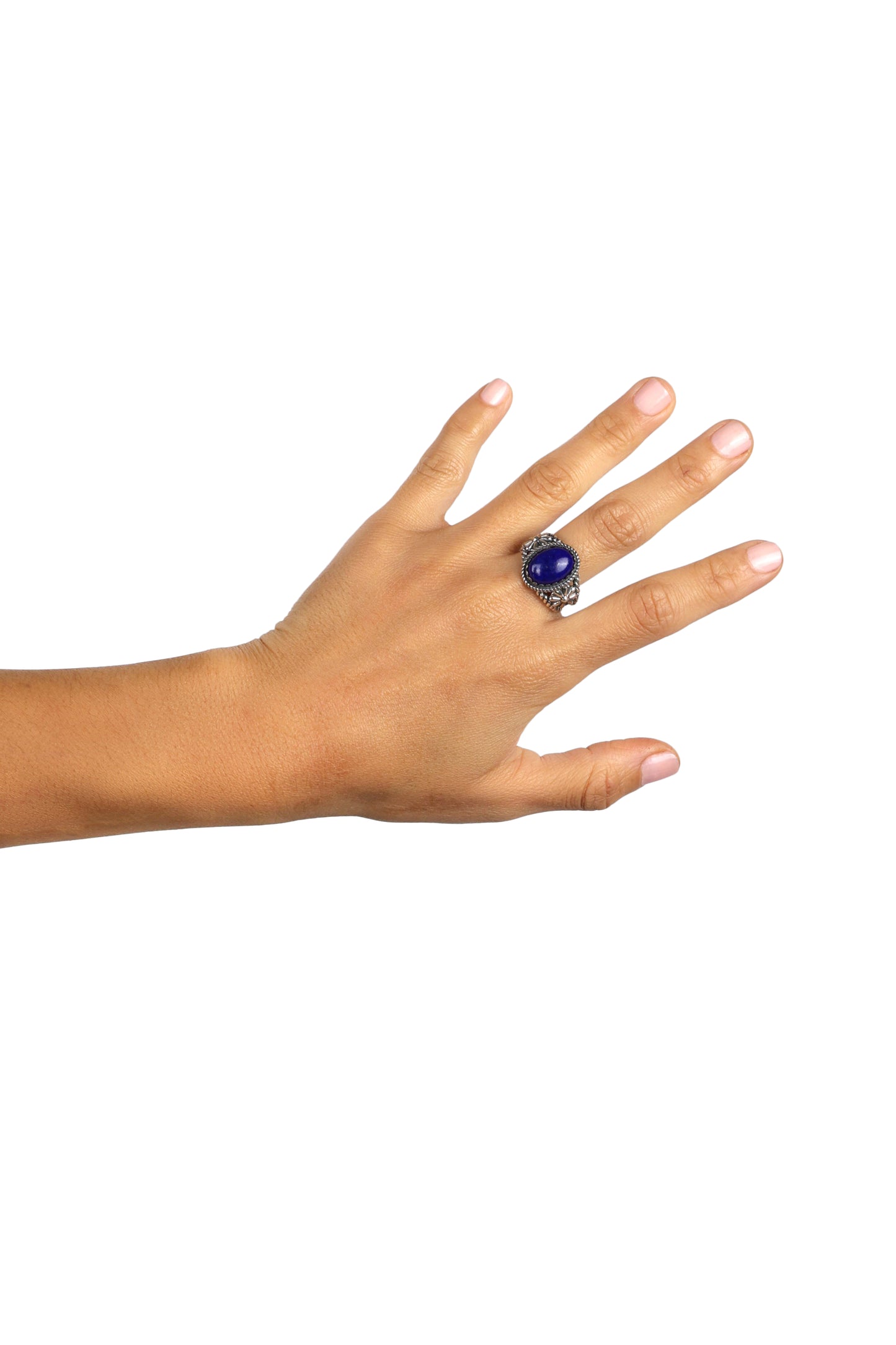 Sterling Silver Lapis Lazuli Gemstone Concha Flower Ring, Sizes 5 to 10