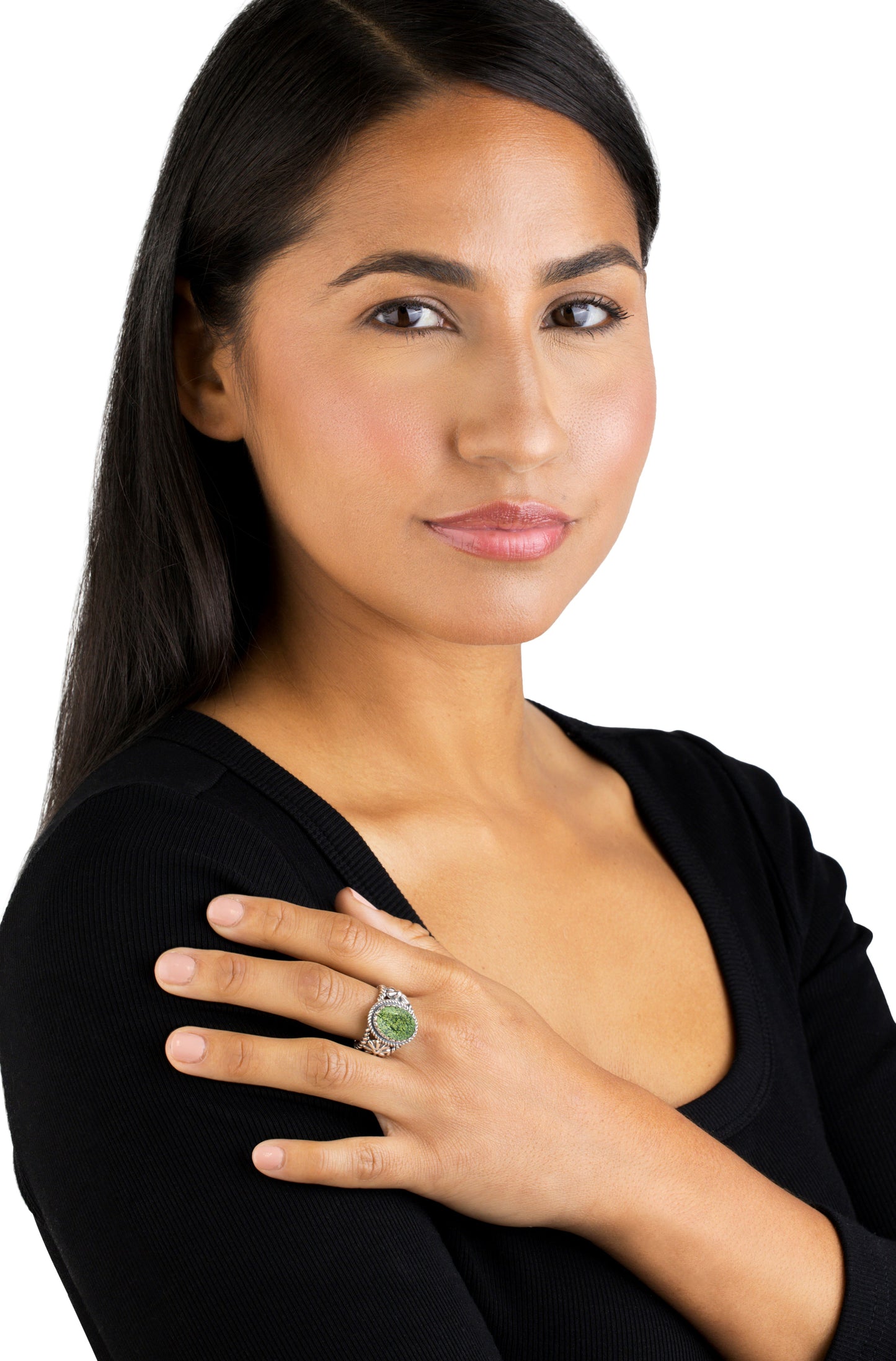 Sterling Silver Serpentine Concha Flower Ring, Sizes 5 to 11