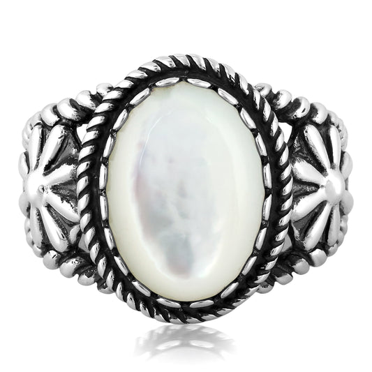 Southwestern Sterling Silver with White Mother of Pearl Gemstone Native-Inspired Concha Flower Design Ring, Sizes 5-10