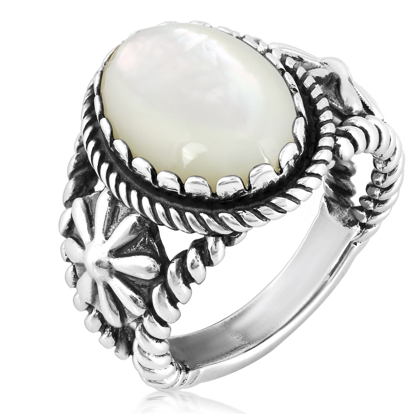 EXCLUSIVELY OURS! Sterling Silver White Mother of Pearl Concha Flower Ring, Sizes 5-10