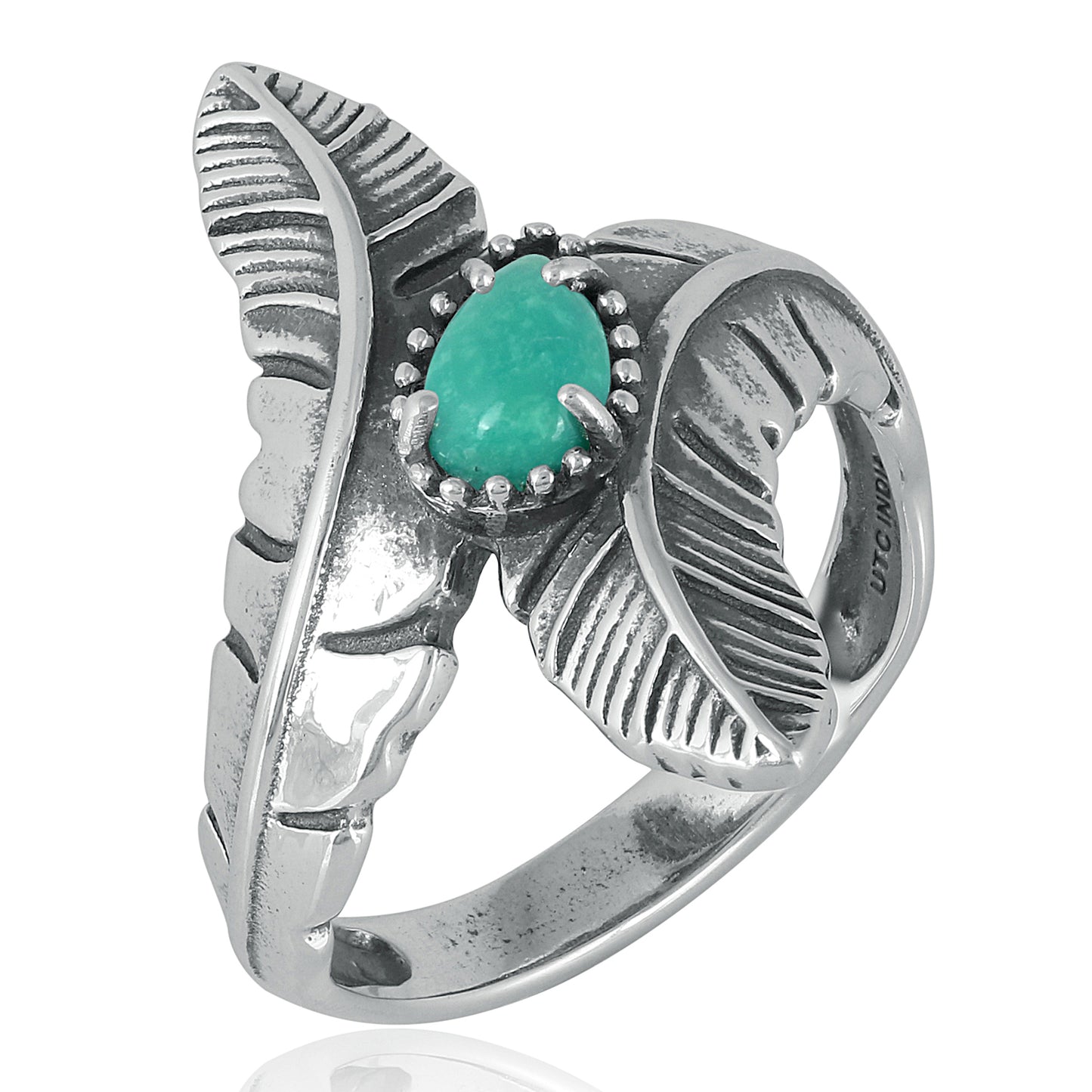 Sterling Silver Green Turquoise Double Feather Ring, Sizes 5 to 6