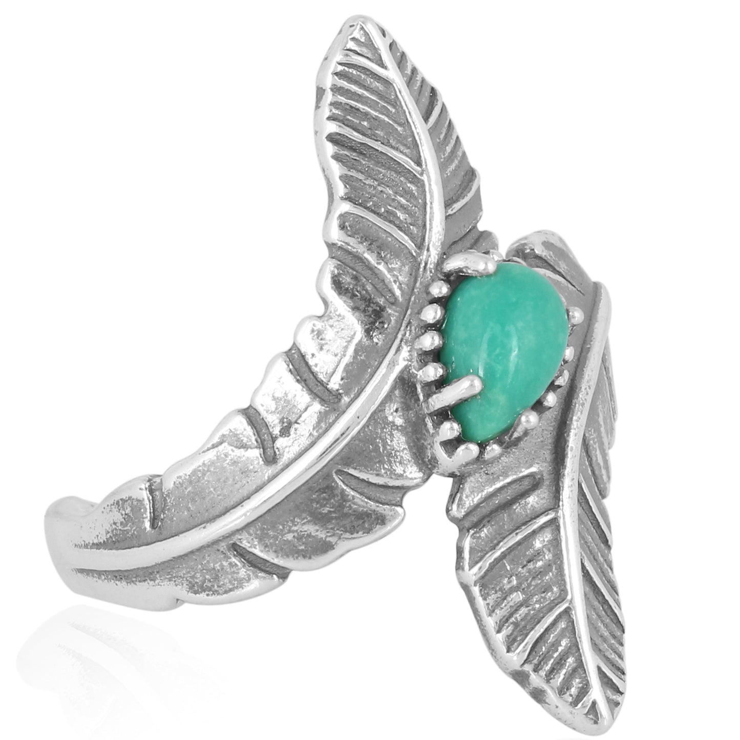 Sterling Silver Green Turquoise Double Feather Ring, Sizes 5 to 6