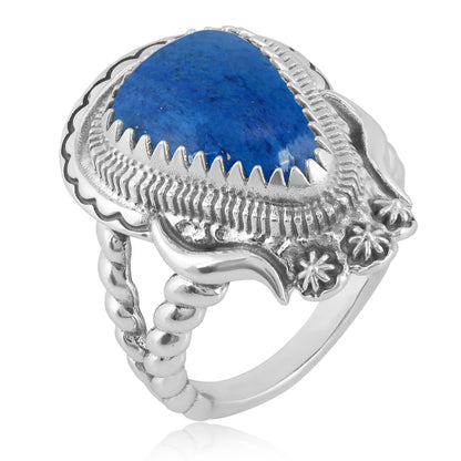 Southwestern Rope Ring with Sterling Silver Band and Denim Lapis Gemstone, Sizes 6 - 11