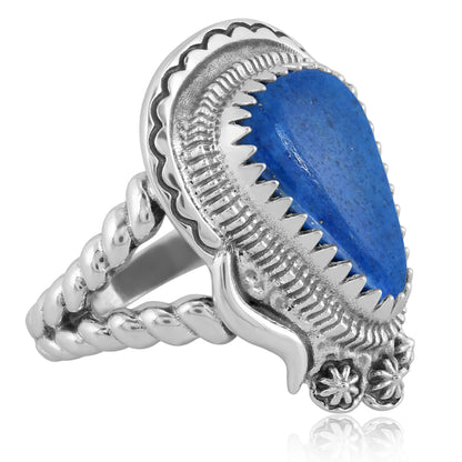 Southwestern Rope Ring with Sterling Silver Band and Denim Lapis Gemstone, Sizes 6 - 11
