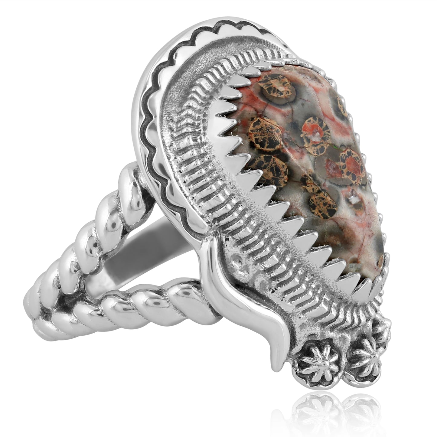 Sterling Silver Leopard Jasper Rope Ring, Sizes 6 - 11