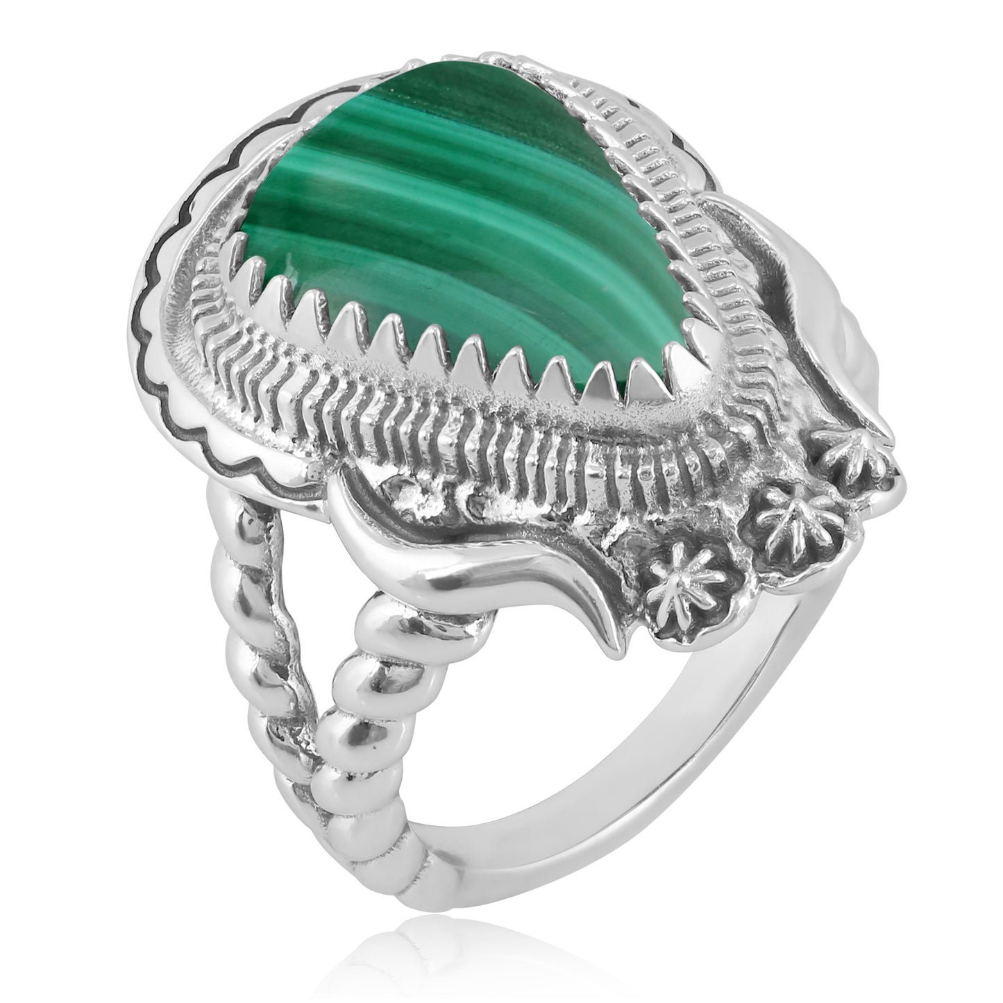 Sterling Silver Green Malachite Rope Ring, Size 6 - 11