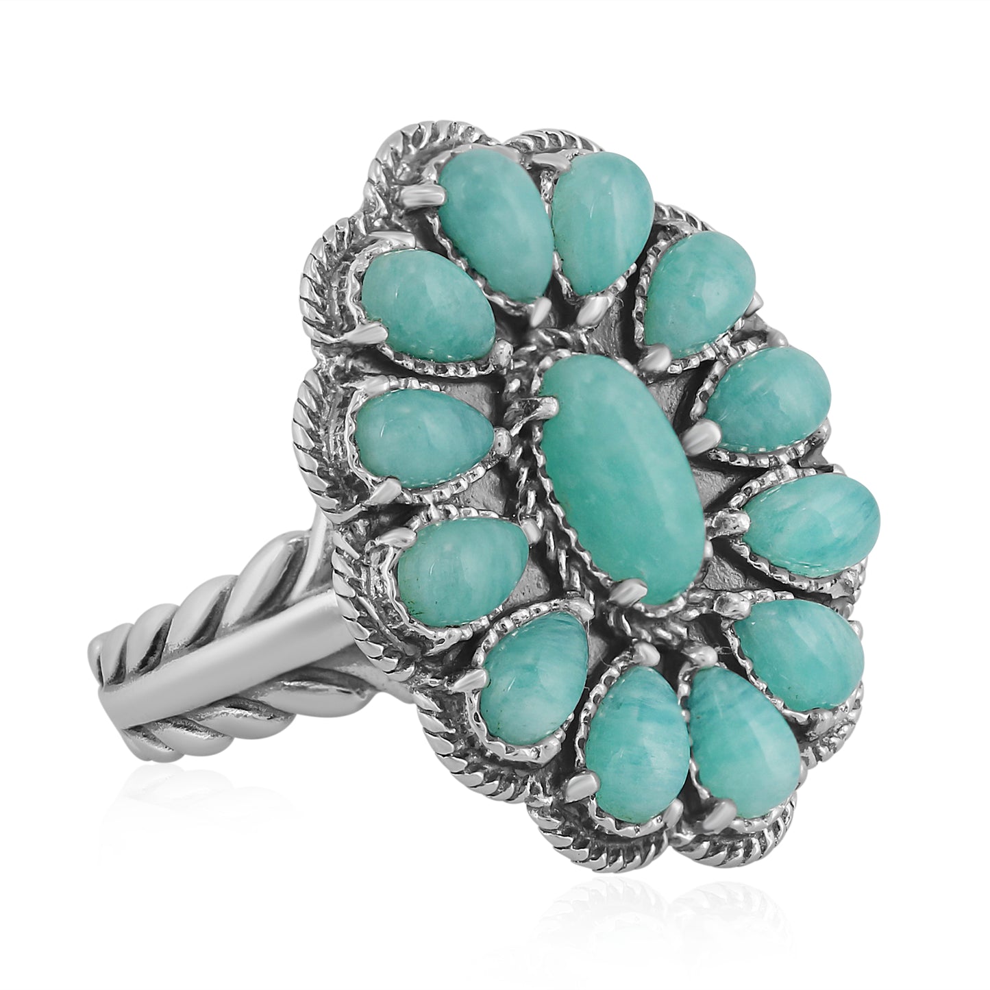 Sterling Silver Amazonite Flower Cluster Rope Ring, Size 5 - 10