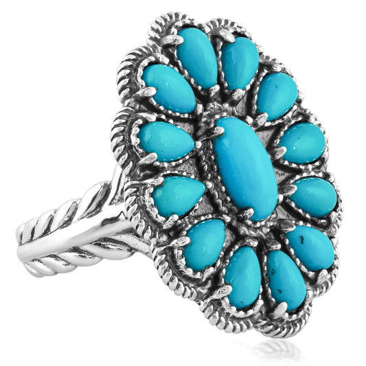 Blue Turquoise Sterling Silver Color Flower Ring Sizes 5-10