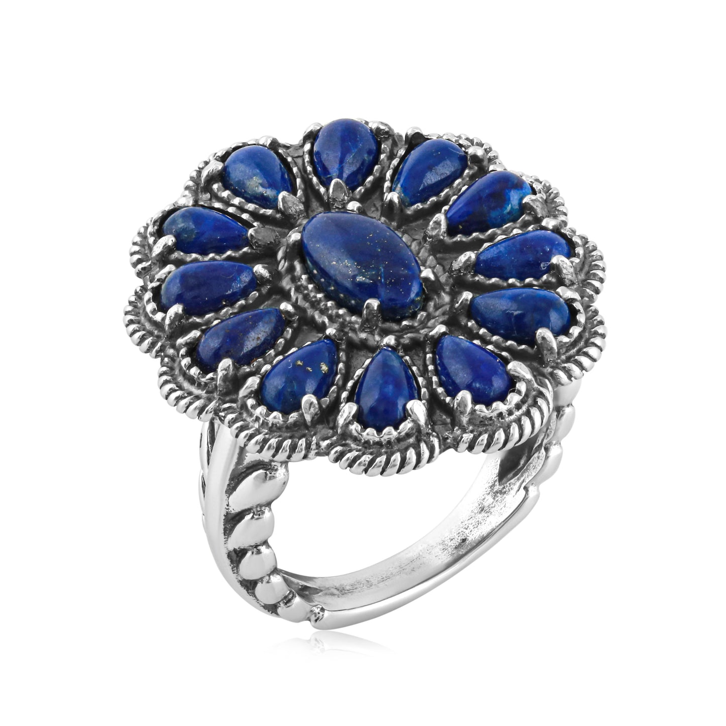 Sterling Silver Lapis Flower Cluster Rope Ring, Sizes 5 to 10