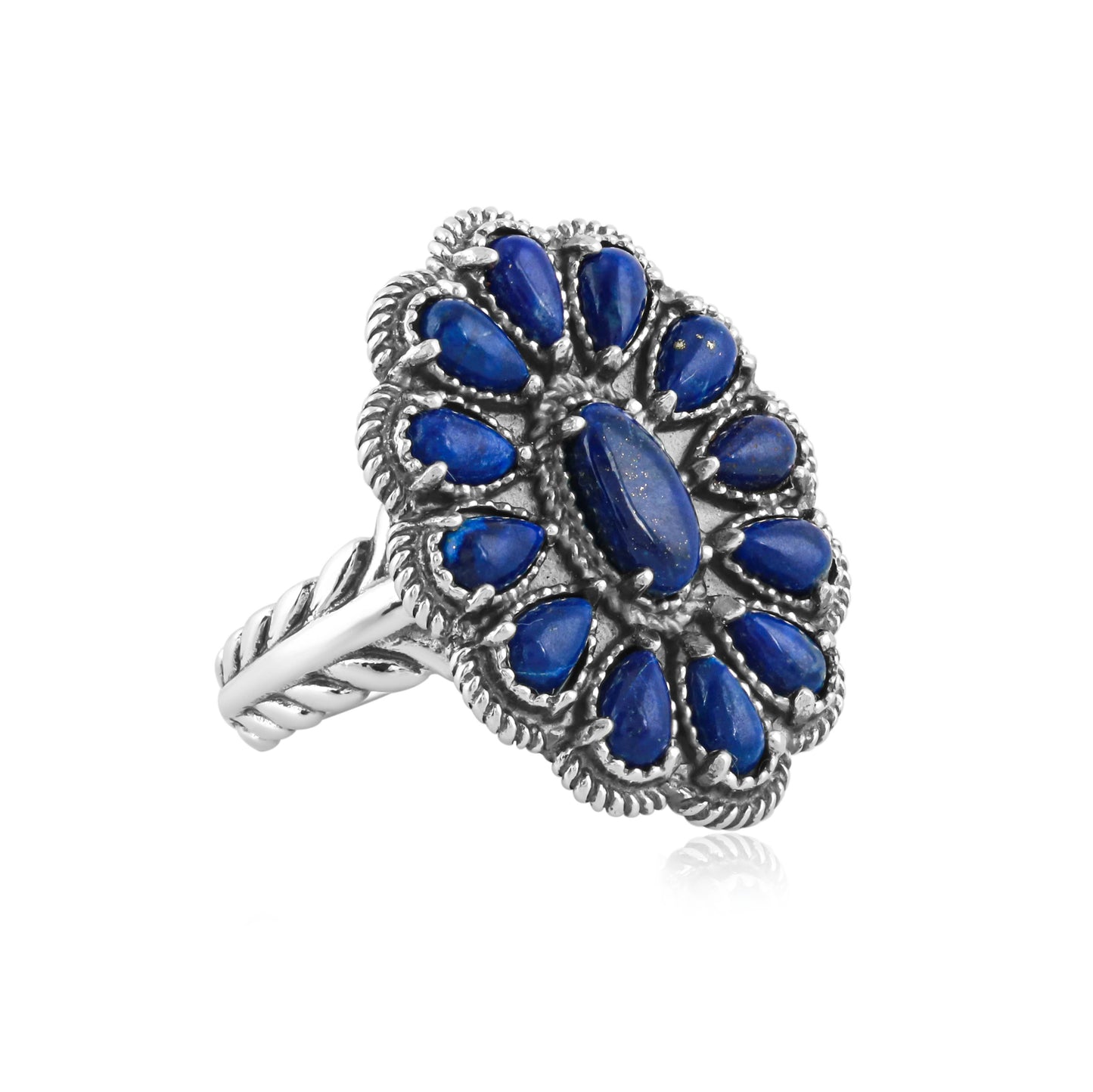 Sterling Silver Lapis Flower Cluster Rope Ring, Sizes 5 to 10