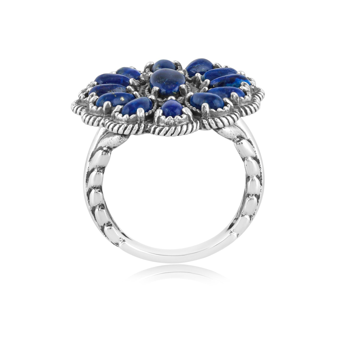 Sterling Silver Lapis Flower Cluster Rope Ring, Sizes 5 to 10
