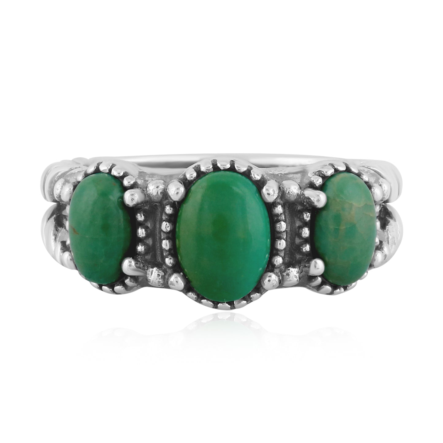 Sterling Silver Green Turquoise Gemstone 3-Stone Design Ring, Sizes 5 to 10