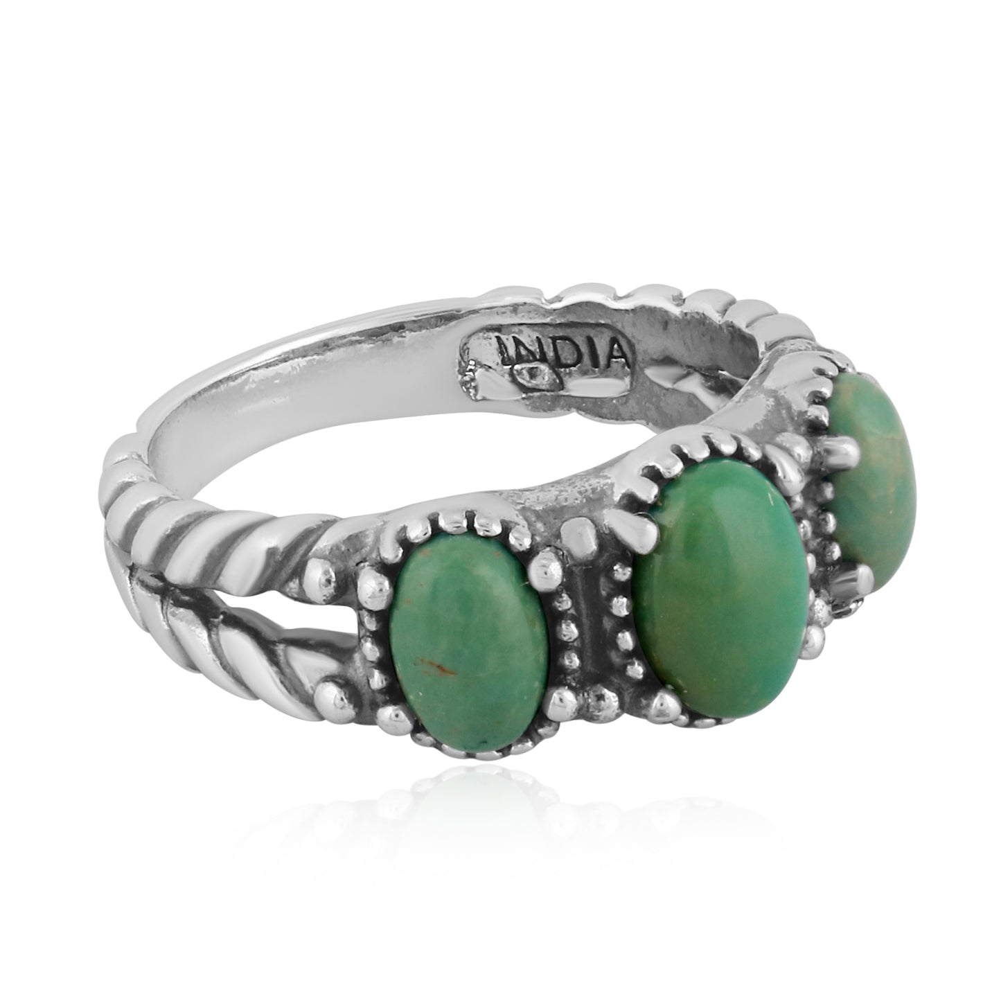 Sterling Silver Green Turquoise Gemstone 3-Stone Design Ring, Sizes 5 to 10