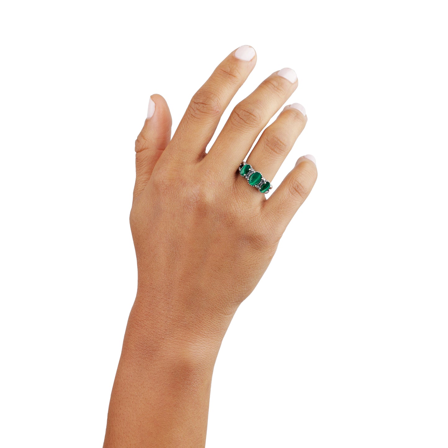 Sterling Silver Green Malachite Gemstone 3-Stone Ring, Sizes 5 to 10