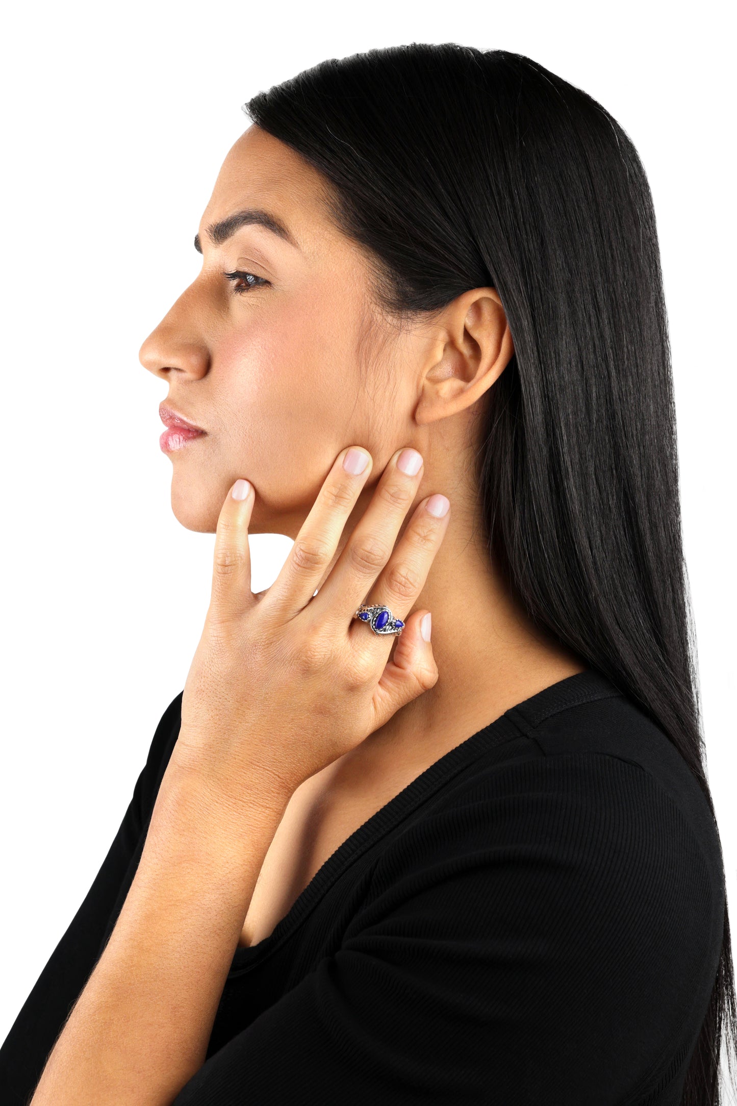 Sterling Silver Blue Lapis Gemstone 3-Stone Leaf Design Ring, Sizes 5 to 10