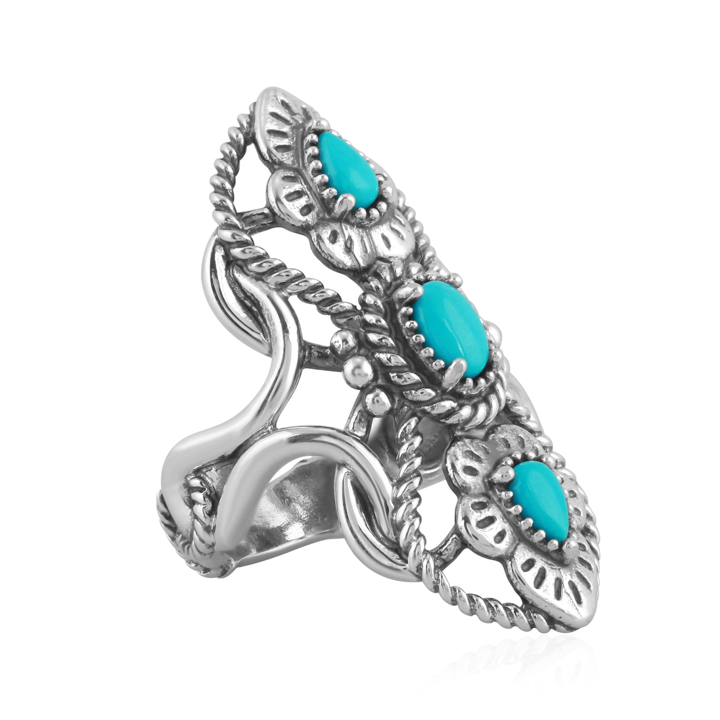 Sterling Silver Blue Turquoise Elongated Ring, Sizes 5 to 10