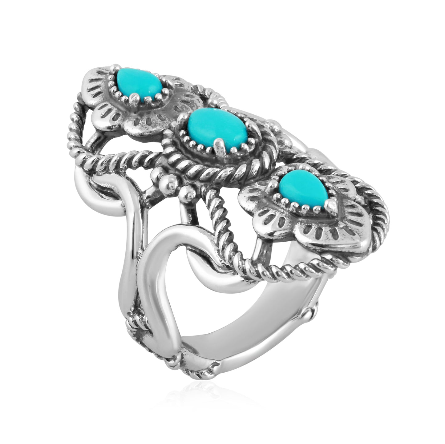 Sterling Silver Blue Turquoise Elongated Ring, Sizes 5 to 10