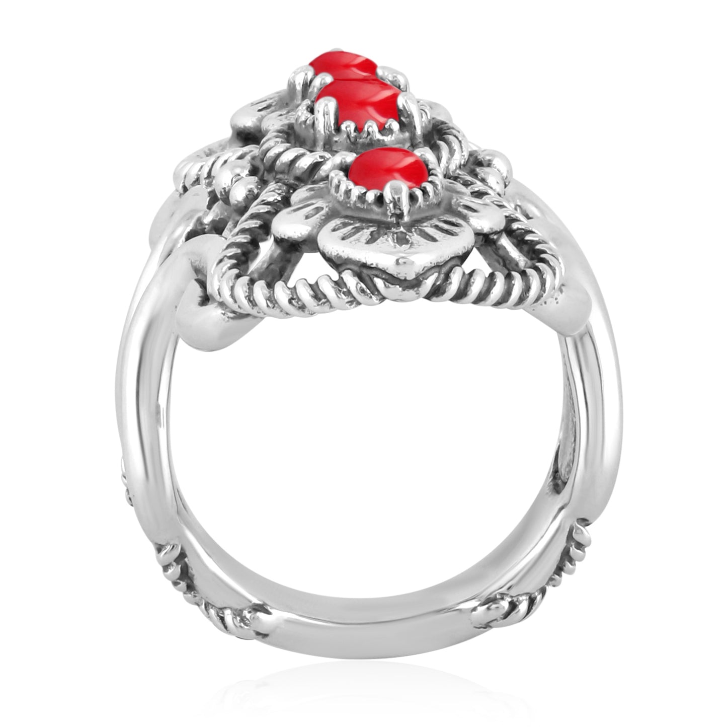 Sterling Silver Red Coral Elongated Ring Size 5-10